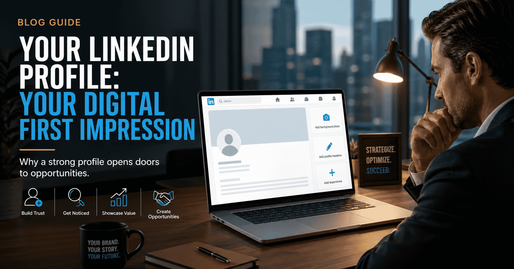 Executive at a desk reviewing a blank LinkedIn profile, looking thoughtful