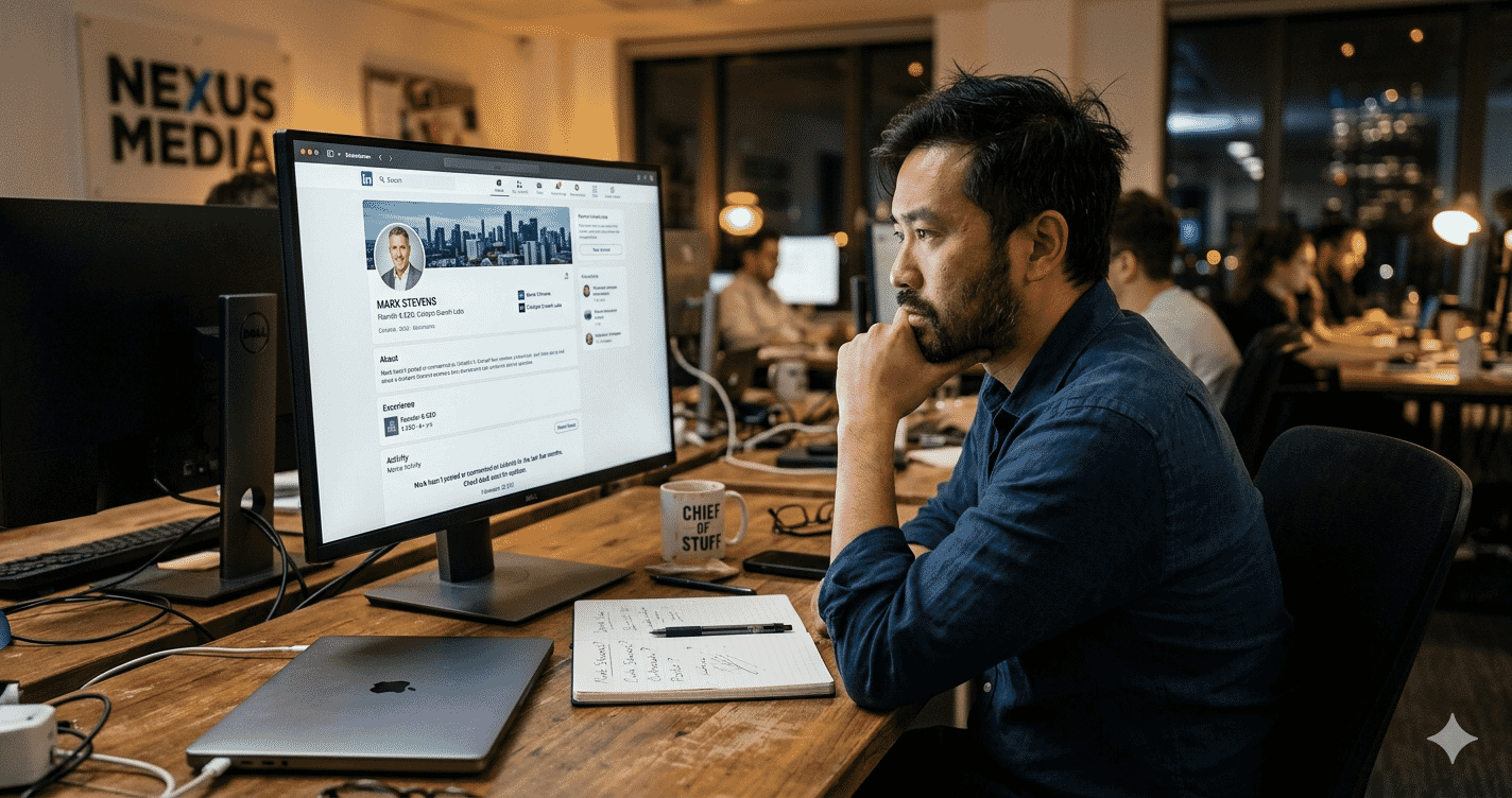 Agency founder staring at a LinkedIn profile with no recent posts
