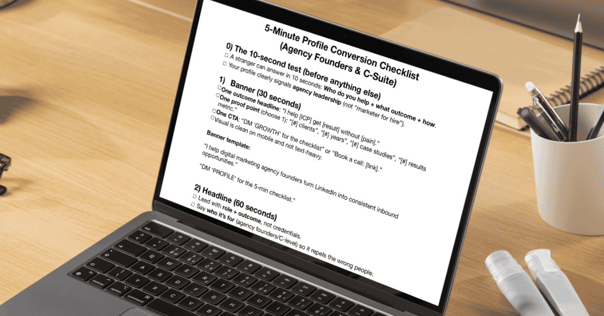 The 5-minute Profile Conversion Checklist on a laptop screen