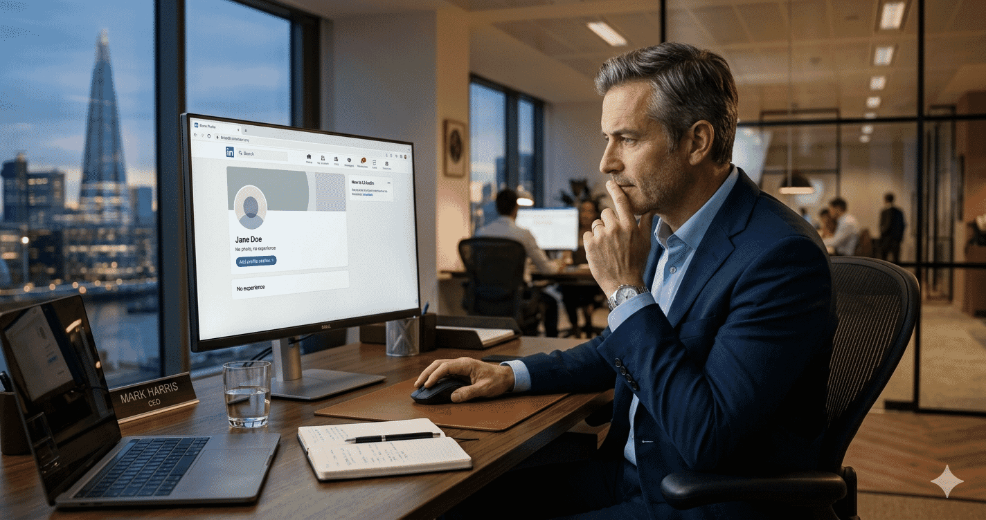An executive at a desk reviewing a blank LinkedIn profile, looking thoughtful