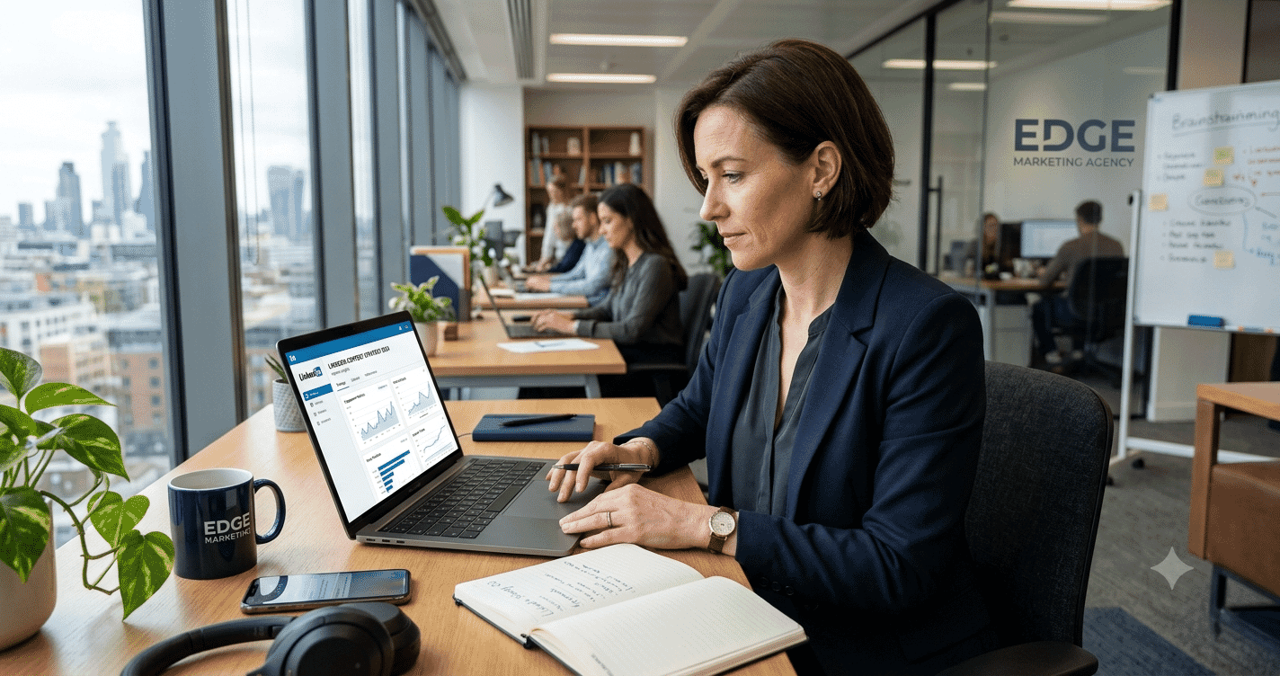 A digital marketing agency founder reviewing LinkedIn content strategy on laptop.