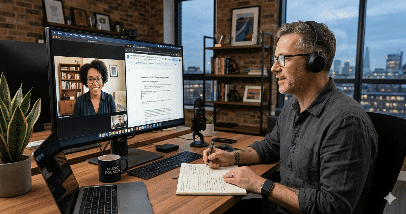 Agency founder in a video call with a LinkedIn ghostwriter reviewing content drafts